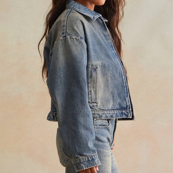 RARE DNM EDIT Medium Blue Embossed Denim Cropped Gas Jacket, Medium Indigo - NWT - Picture 4 of 6